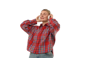 A woman listens to music with joy and relaxation, isolated on white, PNG