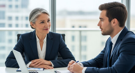 Mature businesswoman mentoring young professional, fostering growth and teamwork in a modern office setting, perfect for corporate training and leadership programs