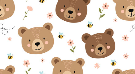 Adorable seamless pattern features cute cartoon bear faces surrounded by delicate pink flowers and buzzing bees on a pristine white background.