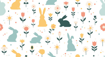 Cheerful seamless pattern features adorable Easter bunnies nestled among colorful spring flowers and tiny polka dots on a white backdrop.