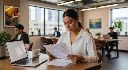 Modern businesswoman reviewing contract in sunlit office, fostering teamwork and professional growth in a collaborative workspace, promoting success and efficiency
