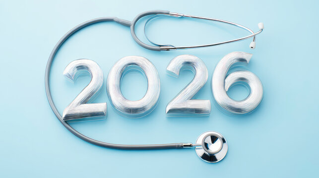 The flat lay 3D numbers 2026 and a stethoscope on a blue background symbolize achievements in healthcare and the future of professional medical innovation. Wellness concepts