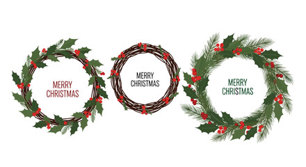 Festive collection of three unique Christmas wreaths crafted from holly and pine branches one featuring the cheerful text Merry Christmas.