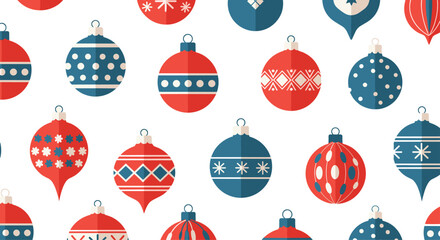 Festive seamless pattern showcases a cheerful array of red and blue Christmas ornaments adorned with intricate geometric designs.