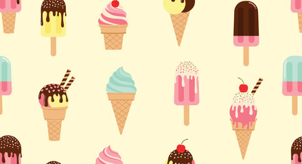 Delicious seamless pattern features a tempting variety of ice cream cones and colorful popsicles with diverse flavors and toppings.