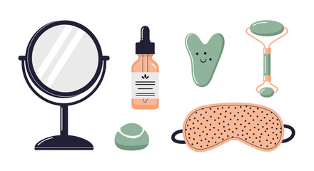 Modern collection of self-care and beauty tools including a mirror serum dropper gua sha facial roller and a comfortable sleep mask.