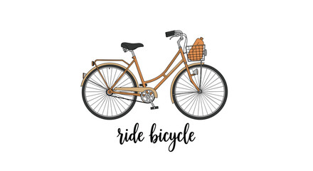 Charming vintage-style bicycle featuring a front basket is elegantly depicted above the handwritten text ride bicycle.