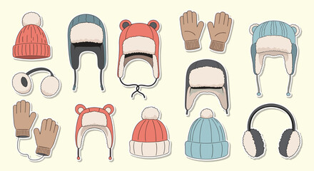 Cozy collection of various winter hats including beanies and aviator styles along with matching gloves presented as stickers.