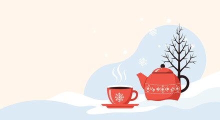 Cozy red teapot and steaming cup of hot tea sit nestled in a serene snowy winter landscape with a bare tree.