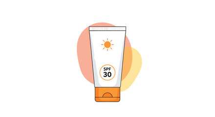 Essential sunscreen tube featuring SPF 30 is prominently displayed against a soft abstract peach and orange background.
