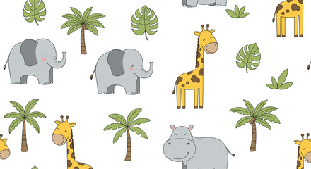Adorable seamless pattern features cute cartoon safari animals including elephants giraffes and hippos with palm trees and leaves.