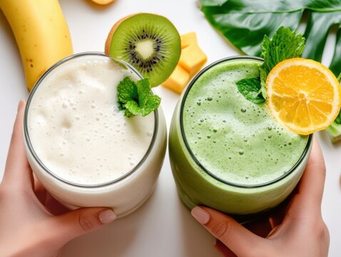 Refreshing smoothie preparation featuring colorful ingredients in a bright kitchen setting - Powered by Adobe