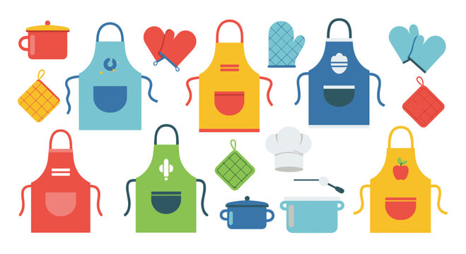 Vibrant collection of colorful aprons oven mitts pot holders a chef hat and cooking pots presented in a playful flat cartoon style.