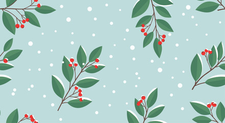 Festive seamless pattern with green leaves and red berries interspersed with delicate white snowflakes on a soft blue background.