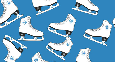 Charming seamless pattern of elegant white ice skates adorned with delicate blue snowflakes on a vibrant blue background.