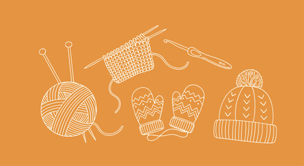 Cozy collection of knitting and crochet supplies in white line art featuring yarn needles mittens and a pom-pom hat.