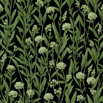 Seamless floral pattern with clustered umbel blossoms and green leafy stems on black background, decorative botanical motif for textile, wallpaper and wrapping paper - AI generated