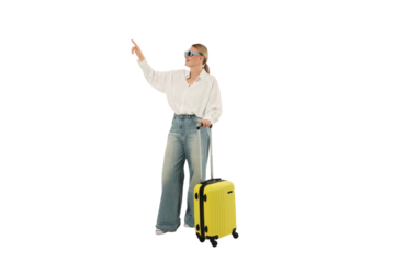 Woman with suitcase gestures outdoors, isolated on white, PNG