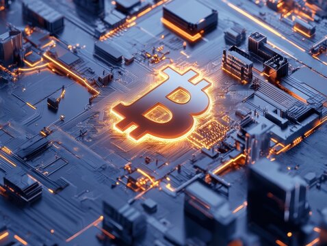 Digital representation of Bitcoin logo on a circuit board with neon lights in a futuristic design - Powered by Adobe