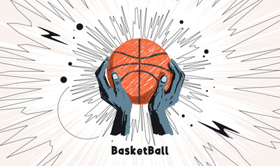 Vintage retro basketball concept with hands holding a ball. Creative sports line art with dynamic movement rays for tournament branding, athletic apparel, and basketball championship. Sport Day