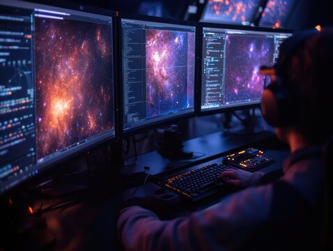 Exploring galaxies and coding in a dark room with multiple monitors at night