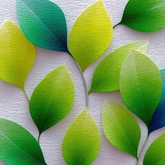 A close-up view of multiple green and yellow leaves with a textured surface, arranged on a white, textured background. The leaves appear to be made of paper or