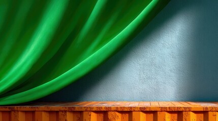 A vibrant green curtain drapes over a rustic wooden shelf, with a textured light blue wall behind it. Sunlight casts a distinct shadow on the wall.