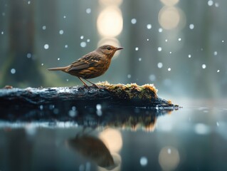 Bird standing on mossy log by a misty lake during snowfall in a serene forest setting