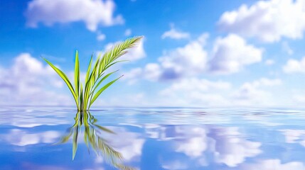 A single green plant with long leaves emerges from calm, reflective water. The background is a bright blue sky filled with fluffy white clouds, creating a seren