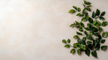 A sprig of green leaves with water droplets is arranged diagonally on a textured beige surface. The composition is minimalist with ample negative space.