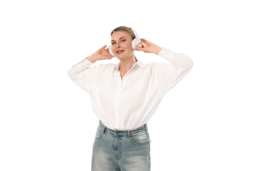 Young woman listens to music with headphones on, isolated on white, PNG