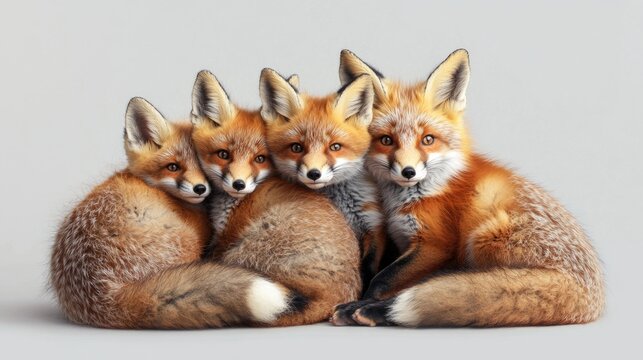 A mother fox is holding her cubs. The cubs are small and fluffy, and they are all smiling, Concept of warmth and love between the mother and her children