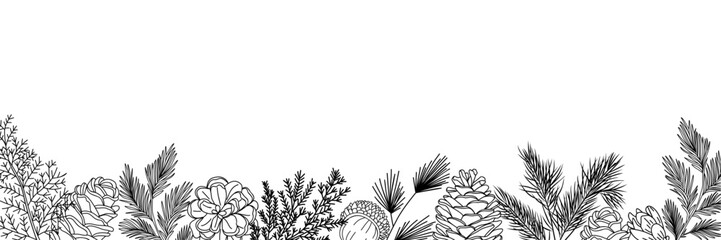 Elegant black and white winter floral border with pine cones, cedar branches, and evergreen sprigs in clean line art style. Minimalist botanical design for seasonal decorations and layouts