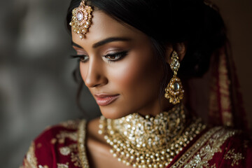 Portrait of an Indian bride in traditional wedding attire, adorned with intricate jewelry, saree draping and warm soft light. Elegant, cultural and detailed bridal imagery.