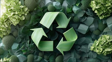 A prominent green recycling symbol is centrally placed, surrounded by a rich tapestry of organic shapes, leaves, and floral elements in various shades of green,