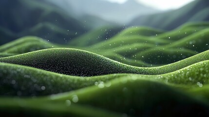 Abstract rolling green hills with tiny sparkling particles scattered across the landscape, bathed in soft, diffused sunlight. The scene has a dreamy, ethereal q