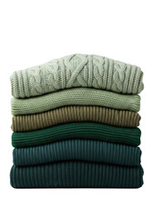 A neatly stacked pile of warm sweaters with varied knit textures in a green gradient on a transparent background. Concept of autumn and winter fashion