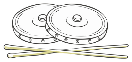 Traditional frame drums and drumsticks outline art illustration
