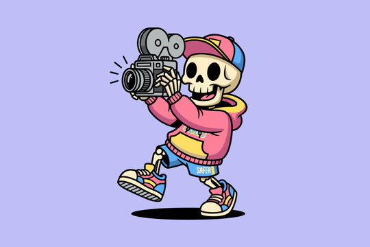 Skeleton character holding an old film camera and taking a pictu