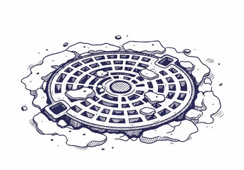 Detailed illustration of a manhole cover surrounded by cracked pavement and debris, showcasing urban infrastructure and maintenance challenges in winter conditions