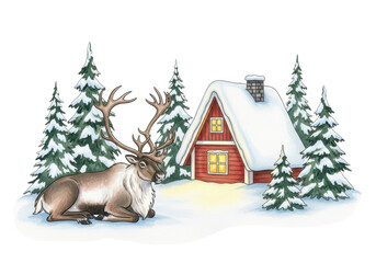 Watercolor illustration of a reindeer resting by a red scandinavian cabin in a snowy winter scene on a white background. Cozy christmas holiday atmosphere