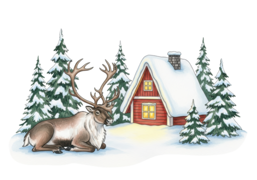 Watercolor illustration of a reindeer resting by a red scandinavian cabin in a snowy winter scene on a white background. Cozy christmas holiday atmosphere