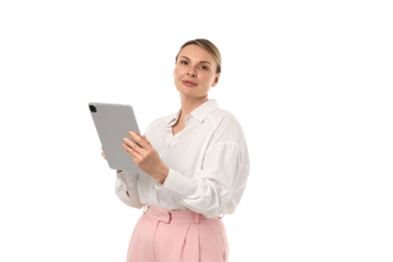 Confident woman in white blouse with tablet, isolated on white, PNG