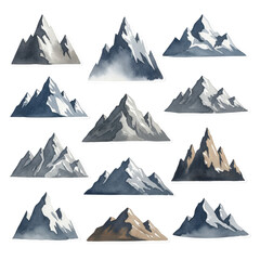 Collection of hand-painted watercolor mountain illustrations in muted colors isolated on a transparent background. Concept of nature and minimalist art