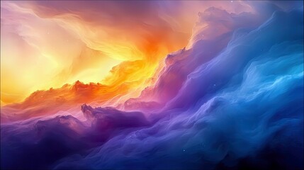 Fototapeta premium A vibrant and colorful cosmic nebula, with swirling clouds of orange and yellow on the left, transitioning to deep blues and purples on the right. Tiny stars ar