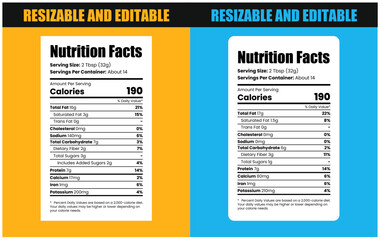 Nutrition facts label template for food packaging with editable text fields, nutrition chart, food nutrition facts, nutrition facts