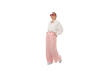 Model displays stylish pink pants and sunglasses, isolated on white, PNG