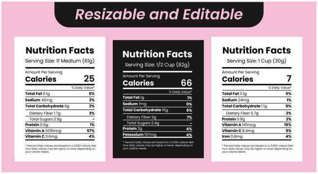 Nutrition facts label templates for food packaging and information design, nutrition facts, supplement facts, nutrition information