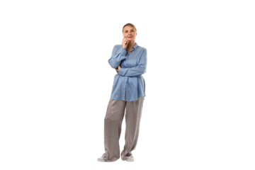 Woman in stripes and loose pants thinks, isolated on white, PNG