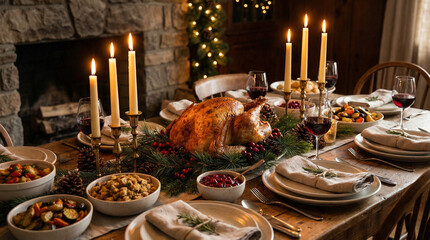 Festive Christmas Dinner Table with Roasted Turkey and Candlelight